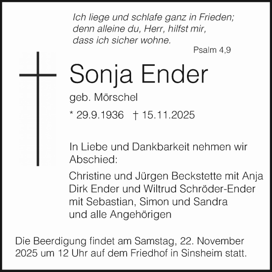 Traueranzeige von Sonja Ender von Schwetzinger Zeitung