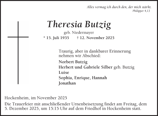 Traueranzeige von Theresia Butzig von Schwetzinger Zeitung