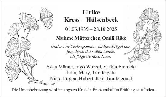 Traueranzeige von Ulrike Kress-Hülsenbeck von Mannheimer Morgen