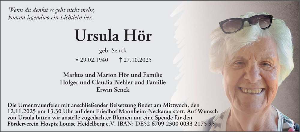  Traueranzeige für Ursula Hör vom 08.11.2025 aus Mannheimer Morgen