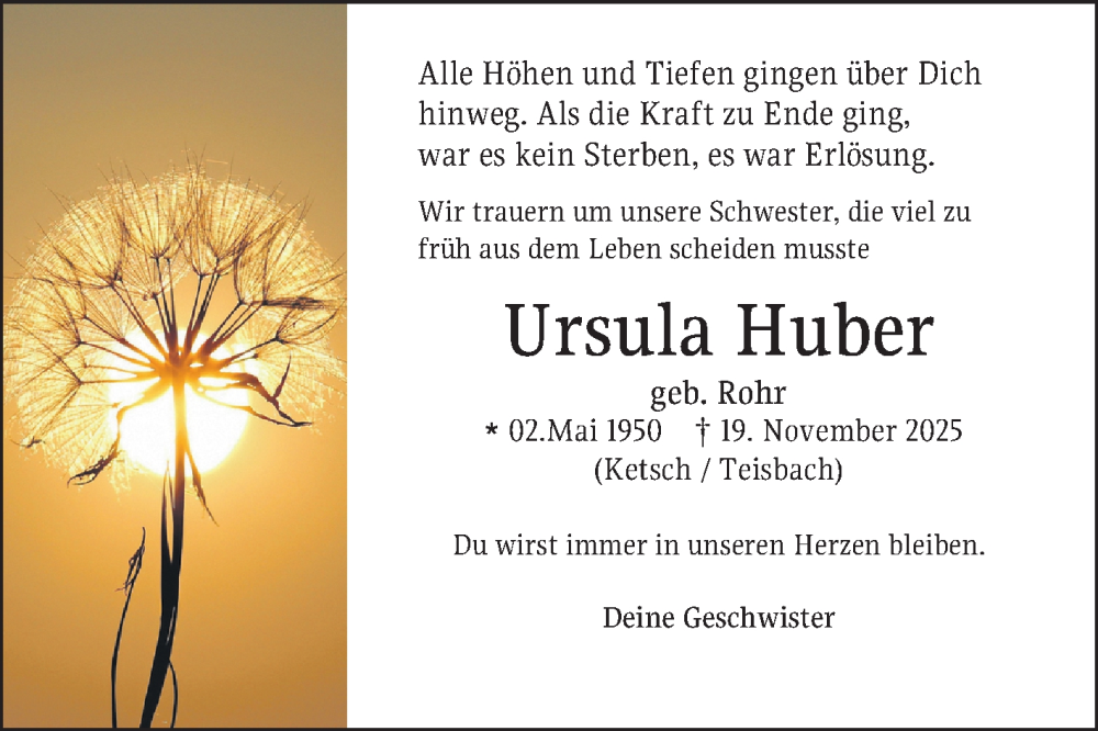  Traueranzeige für Ursula Huber vom 29.11.2025 aus Schwetzinger Zeitung