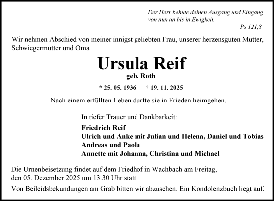 Traueranzeige von Ursula Reif von Fränkische Nachrichten