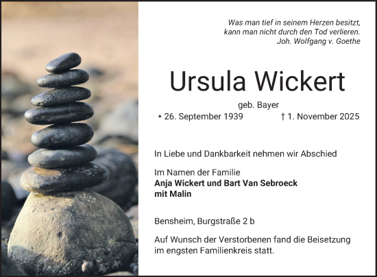 Traueranzeige von Ursula Wickert von Bergsträßer Anzeiger