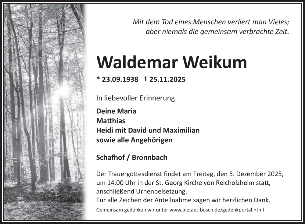  Traueranzeige für Waldemar Weikum vom 29.11.2025 aus Fränkische Nachrichten