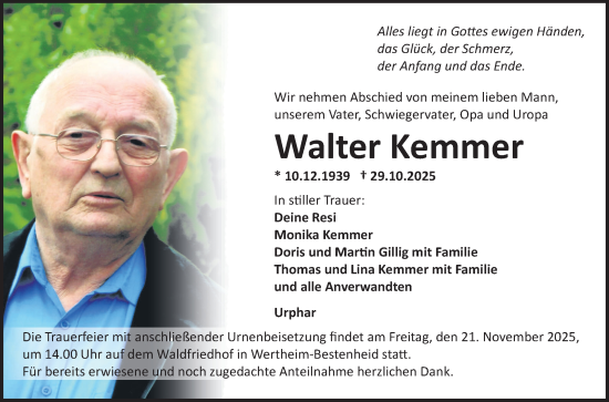 Traueranzeige von Walter Kemmer von Fränkische Nachrichten