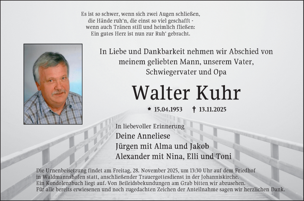  Traueranzeige für Walter Kuhr vom 25.11.2025 aus Fränkische Nachrichten