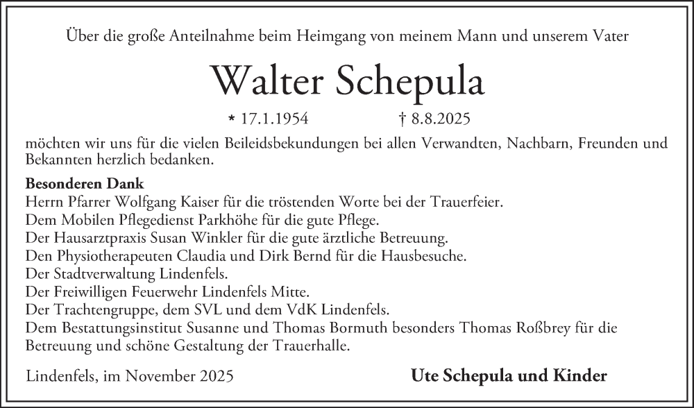  Traueranzeige für Walter Schepula vom 08.11.2025 aus Bergsträßer Anzeiger