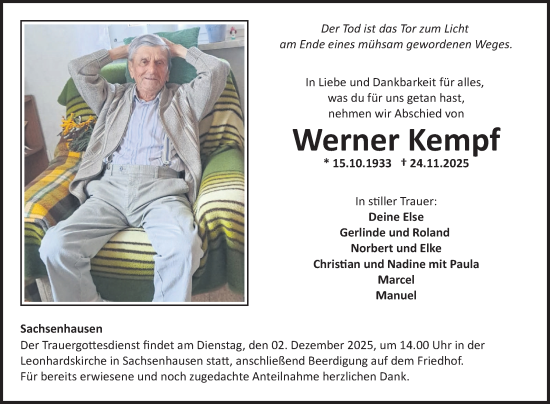 Traueranzeige von Werner Kempf von Fränkische Nachrichten