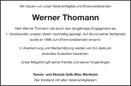 Traueranzeige von Werner Thomann von Fränkische Nachrichten