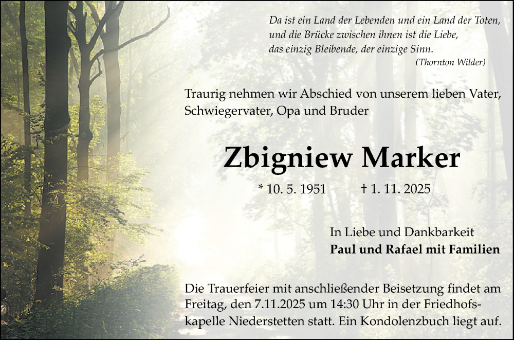  Traueranzeige für Zbigniew Marker vom 05.11.2025 aus Fränkische Nachrichten