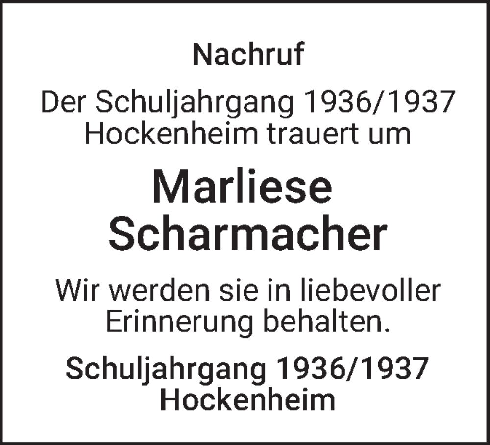  Traueranzeige für Marliese Scharmacher vom 18.12.2025 aus Fränkische Nachrichten