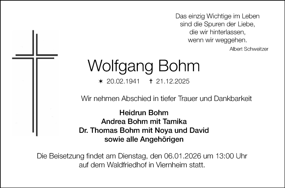  Traueranzeige für Wolfgang Bohm vom 29.12.2025 aus Südhessen Morgen