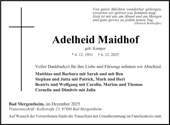 Traueranzeige von Adelheid Maidhof von Fränkische Nachrichten