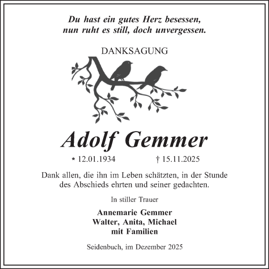 Traueranzeige von Adolf Gemmer von Bergsträßer Anzeiger
