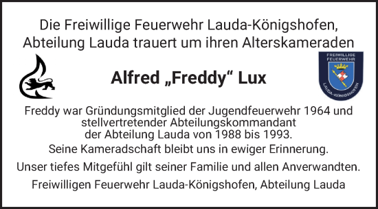 Traueranzeige von Alfred Lux von Fränkische Nachrichten
