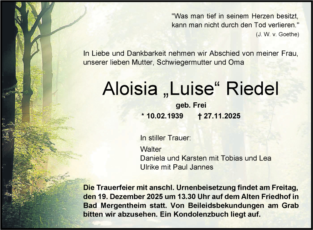  Traueranzeige für Aloisia Riedel vom 12.12.2025 aus Fränkische Nachrichten