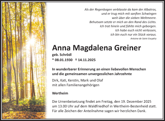 Traueranzeige von Anna Magdalena Greiner von Fränkische Nachrichten