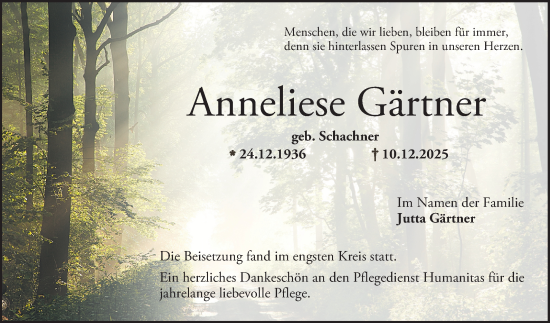 Traueranzeige von Anneliese Gärtner von Bergsträßer Anzeiger