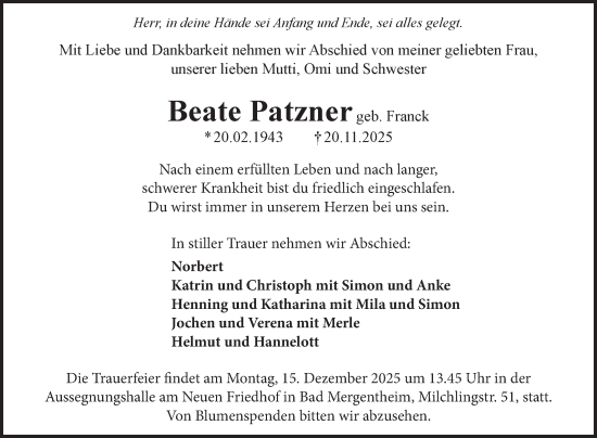 Traueranzeige von Beate Patzner von Fränkische Nachrichten