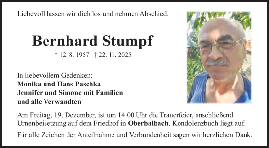 Traueranzeige von Bernhard Stumpf von Fränkische Nachrichten