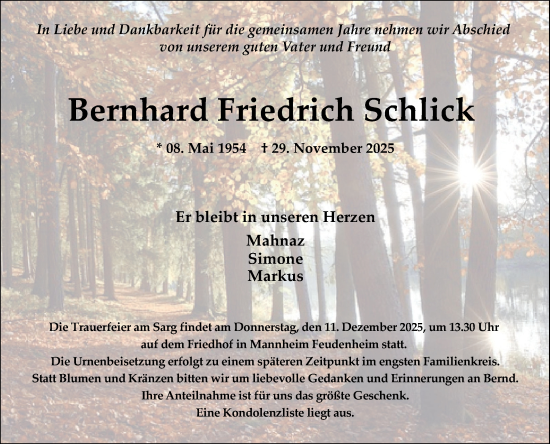 Traueranzeige von Bernhard Friedrich Schlick von Mannheimer Morgen