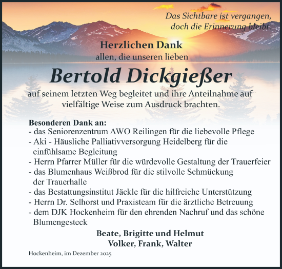 Traueranzeige von Bertold Dickgießer von Schwetzinger Zeitung