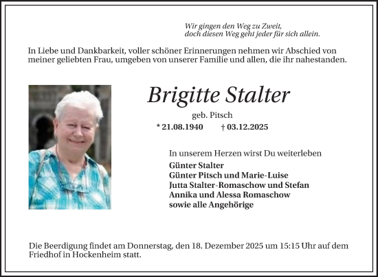 Traueranzeige von Brigitte Stalter von Schwetzinger Zeitung