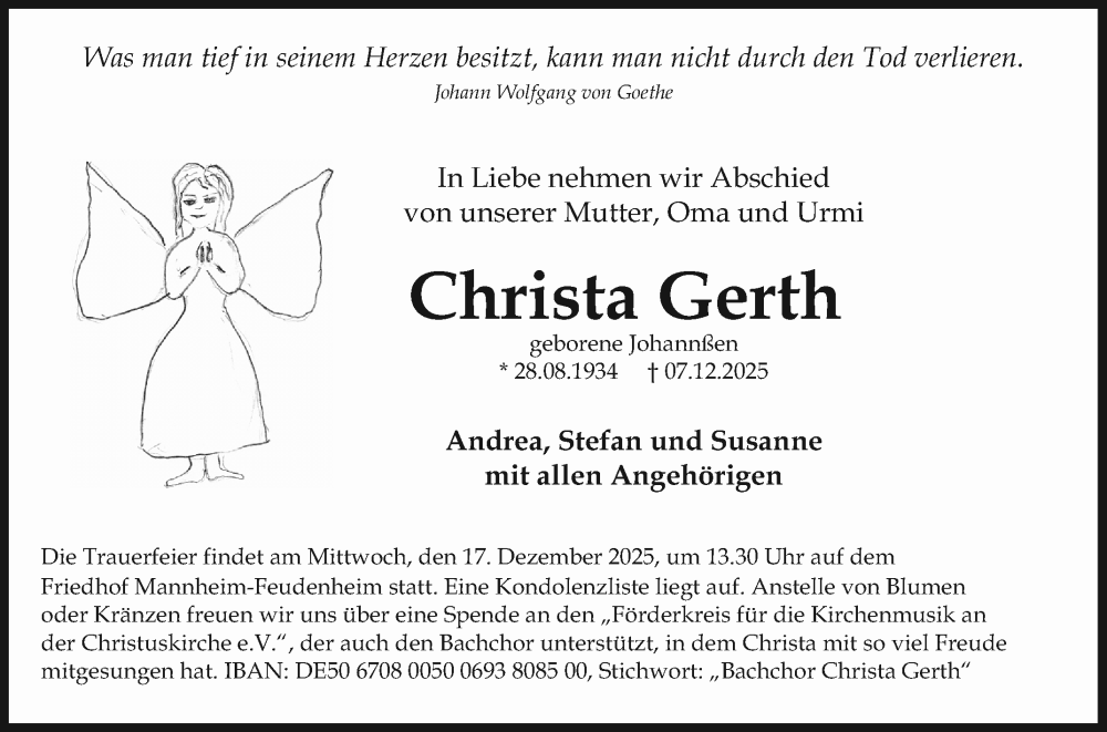  Traueranzeige für Christa Gerth vom 13.12.2025 aus Mannheimer Morgen
