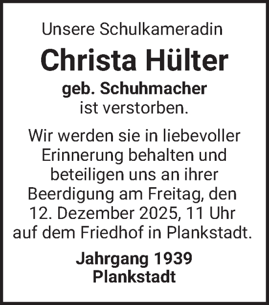 Traueranzeige von Christa Hülter von Schwetzinger Zeitung