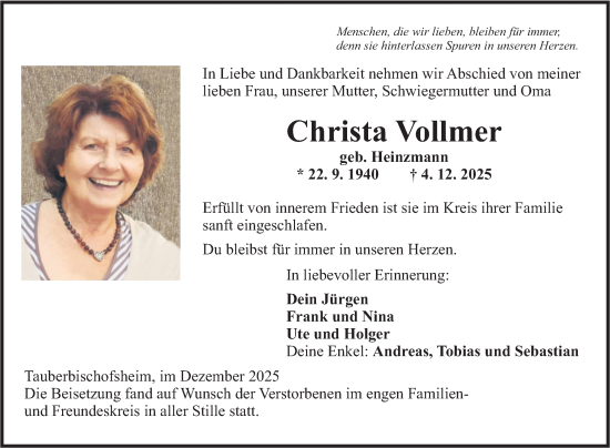 Traueranzeige von Christa Vollmer von Fränkische Nachrichten