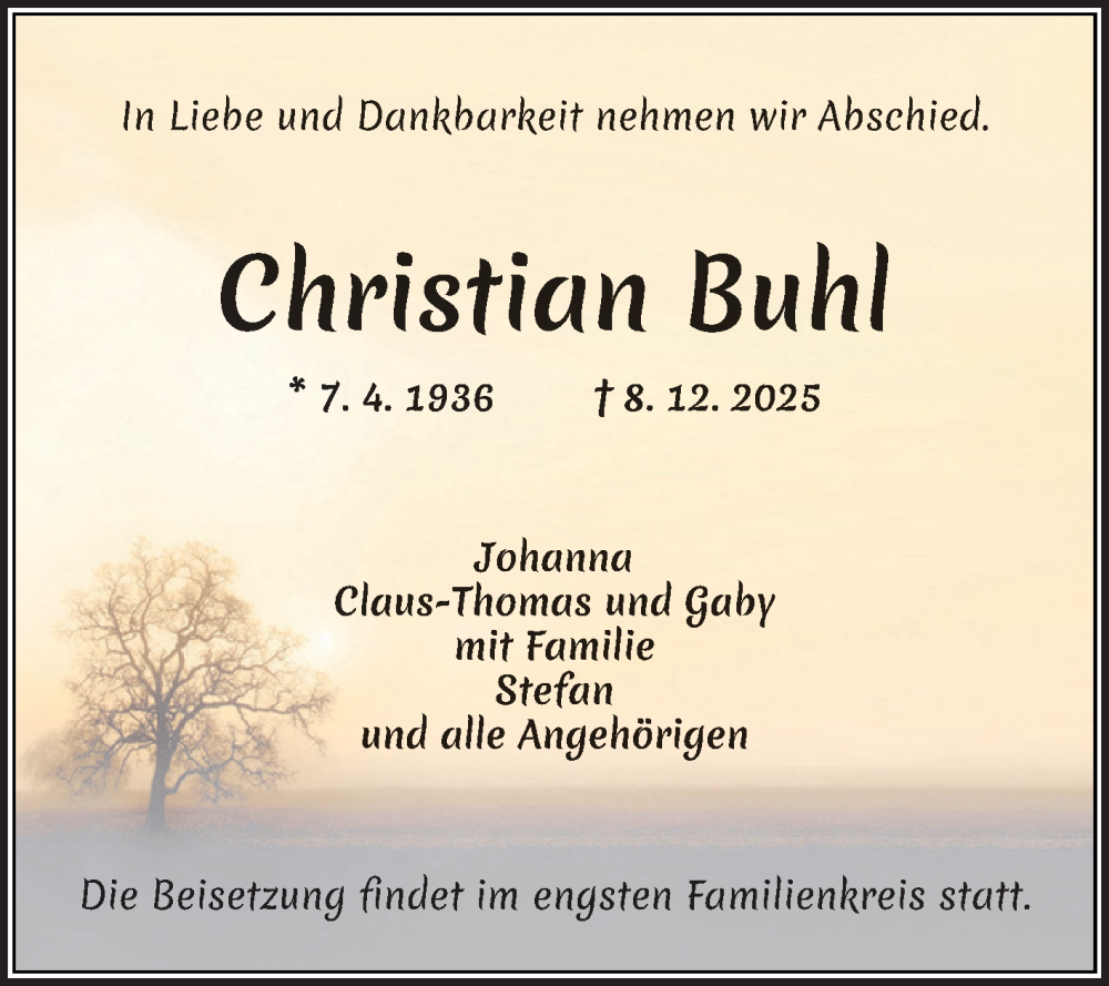  Traueranzeige für Christian Buhl vom 13.12.2025 aus Mannheimer Morgen