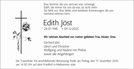 Traueranzeige von Edith Jöst von Mannheimer Morgen