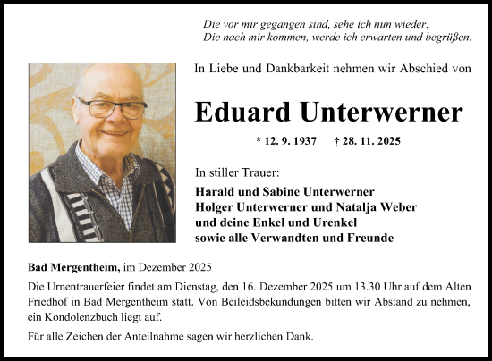 Traueranzeige von Eduard Unterwerner von Fränkische Nachrichten
