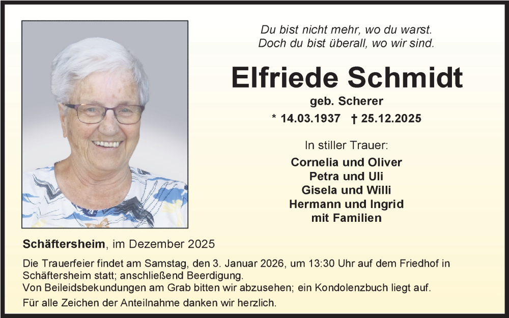 Traueranzeige für Elfriede Schmidt vom 31.12.2025 aus Fränkische Nachrichten