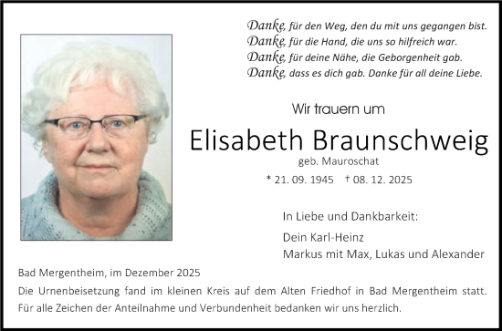 Traueranzeige von Elisabeth Braunschweig von Fränkische Nachrichten