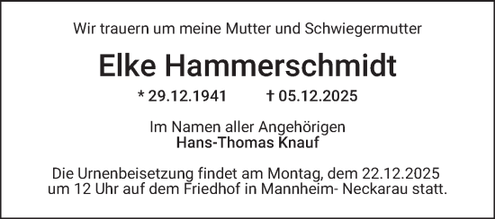 Traueranzeige von Elke Hammerschmidt von Mannheimer Morgen