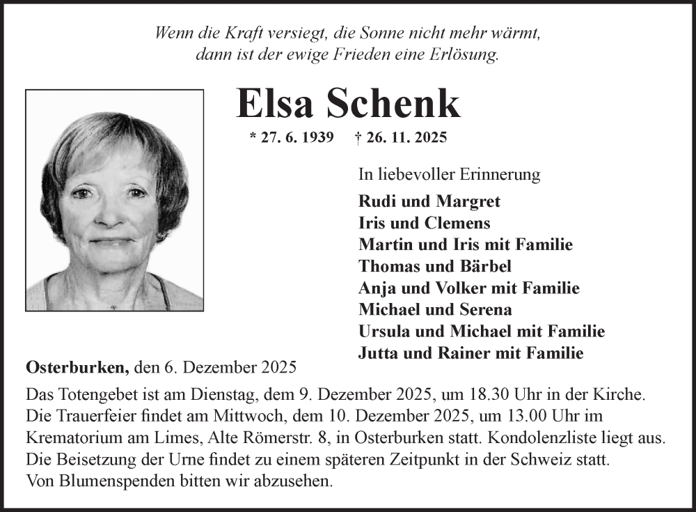  Traueranzeige für Elsa Schenk vom 06.12.2025 aus Fränkische Nachrichten