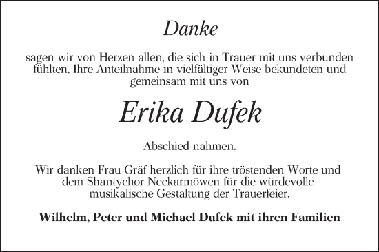 Traueranzeige von Erika Dufek von Mannheimer Morgen