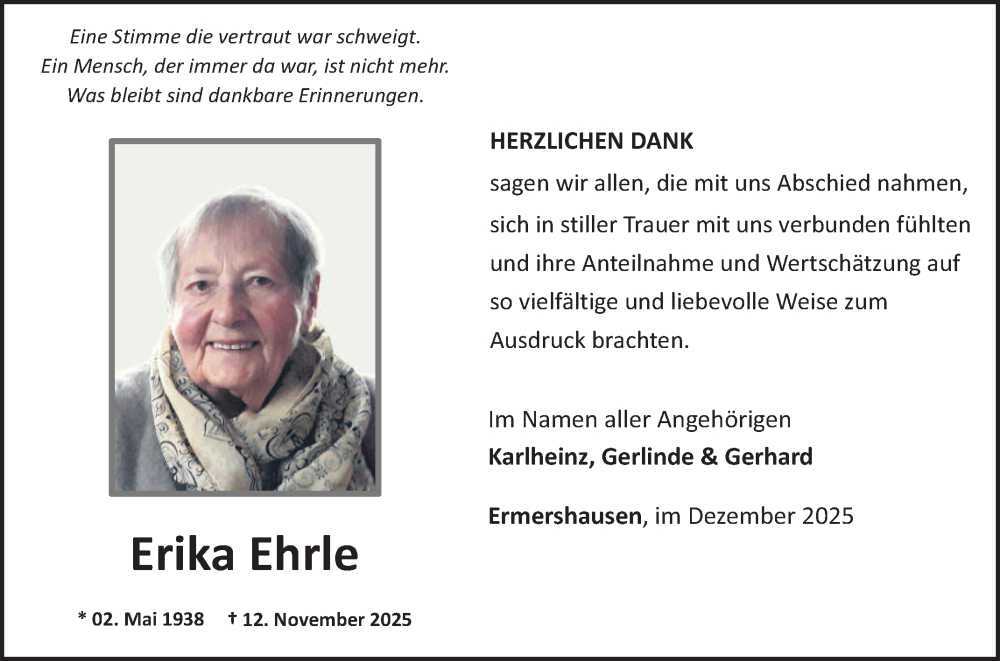  Traueranzeige für Erika Ehrle vom 19.12.2025 aus Fränkische Nachrichten