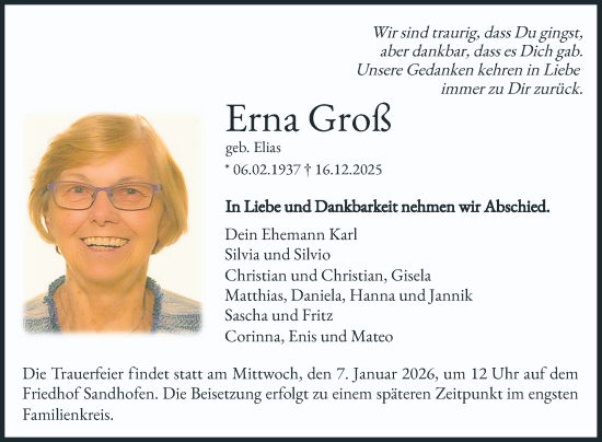 Traueranzeige von Erna Groß von Mannheimer Morgen