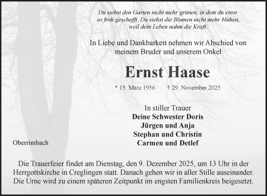 Traueranzeige von Ernst Haase von Fränkische Nachrichten