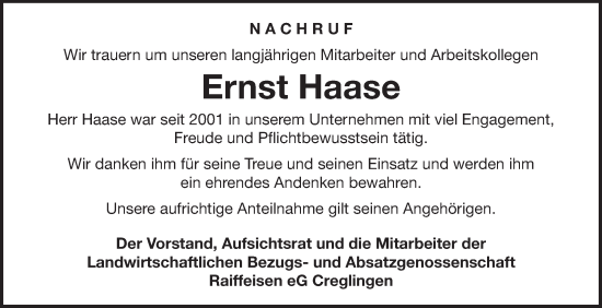 Traueranzeige von Ernst Haase von Fränkische Nachrichten