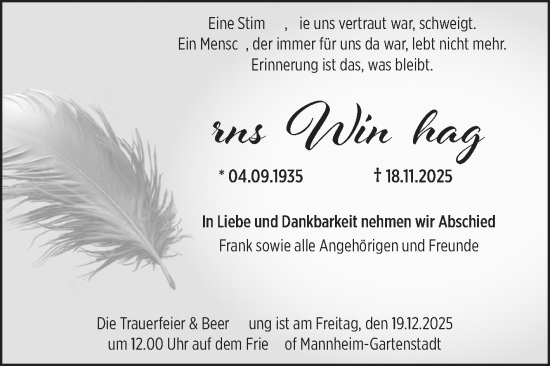 Traueranzeige von Ernst Windhager von Mannheimer Morgen