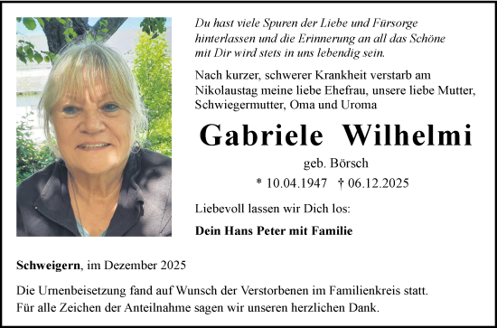 Traueranzeige von Gabriele Wilhelmi von Fränkische Nachrichten