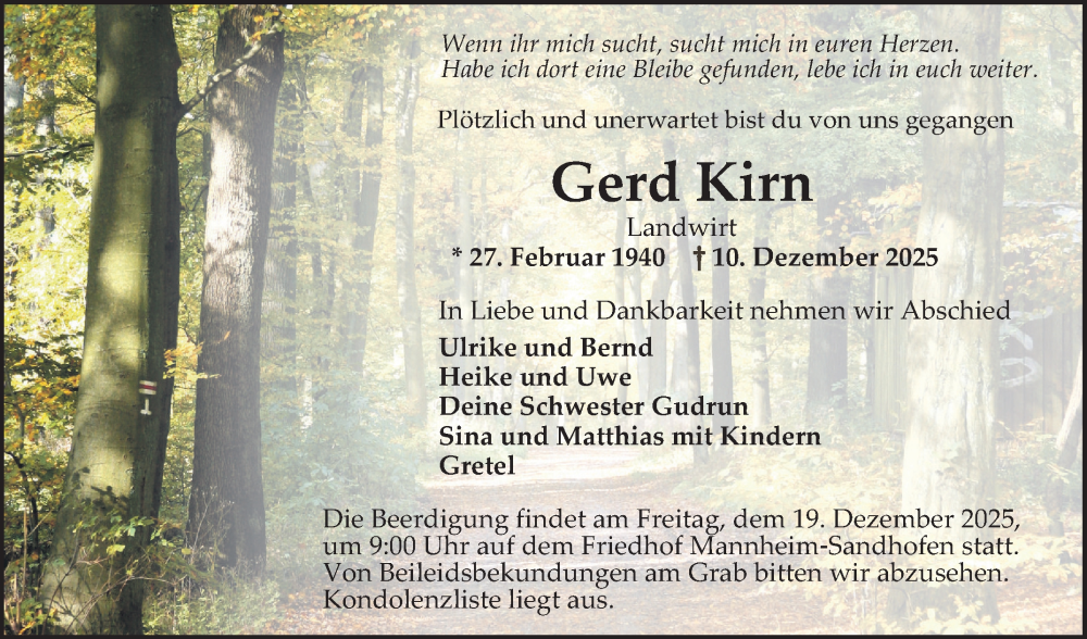  Traueranzeige für Gerd Kirn vom 13.12.2025 aus Mannheimer Morgen
