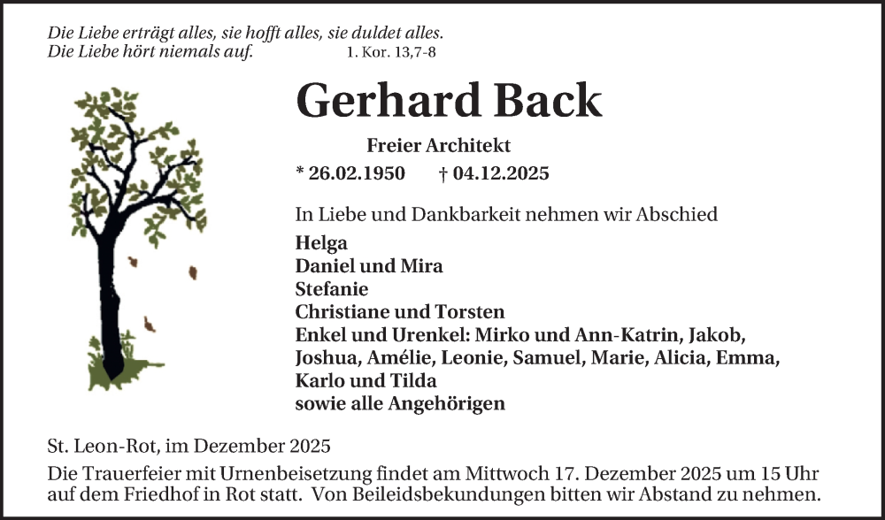  Traueranzeige für Gerhard Back vom 16.12.2025 aus Schwetzinger Zeitung