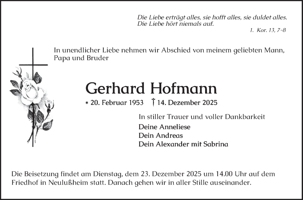  Traueranzeige für Gerhard Hofmann vom 20.12.2025 aus Schwetzinger Zeitung