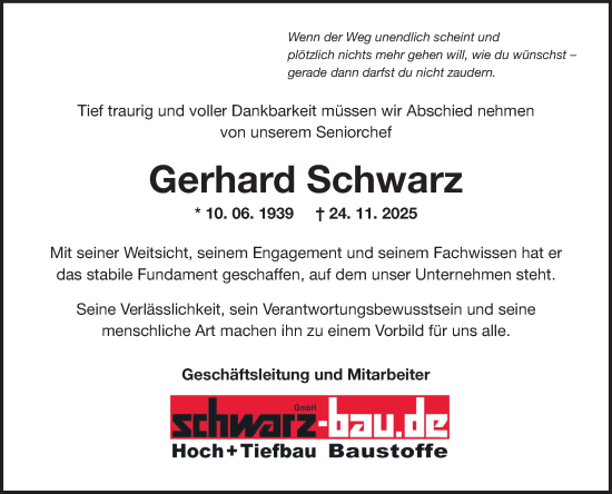 Traueranzeige von Gerhard Schwarz von Fränkische Nachrichten