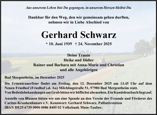 Traueranzeige von Gerhard Schwarz von Fränkische Nachrichten