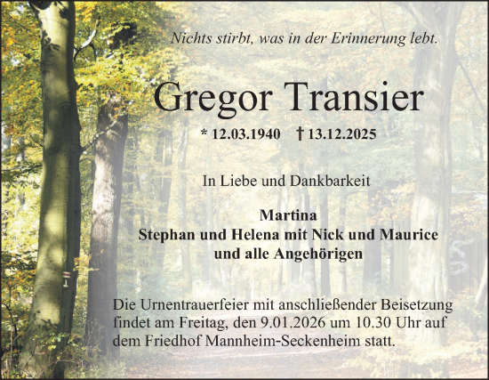 Traueranzeige von Gregor Transier von Mannheimer Morgen